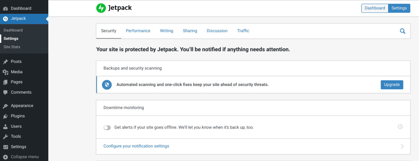 The Jetpack plugin settings.