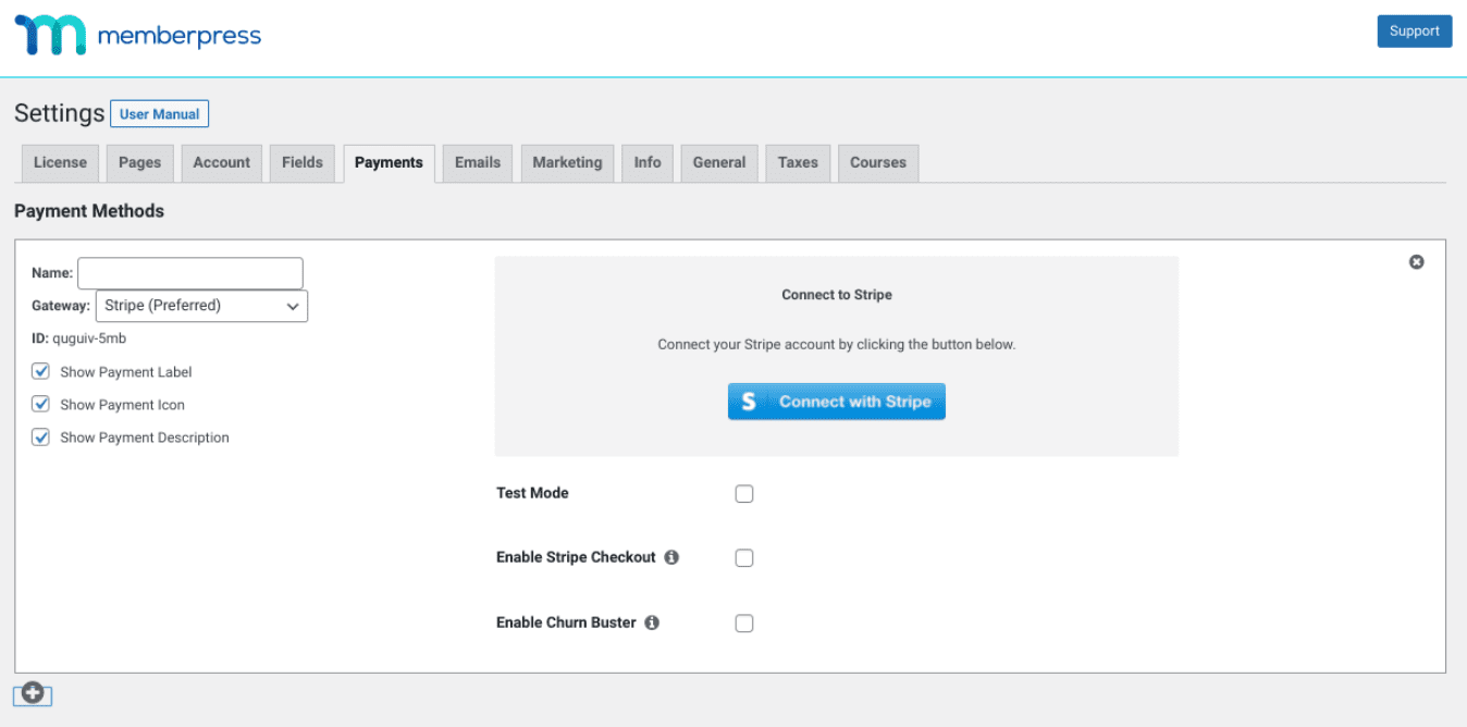 The Stripe payment settings for the MemberPress plugin.