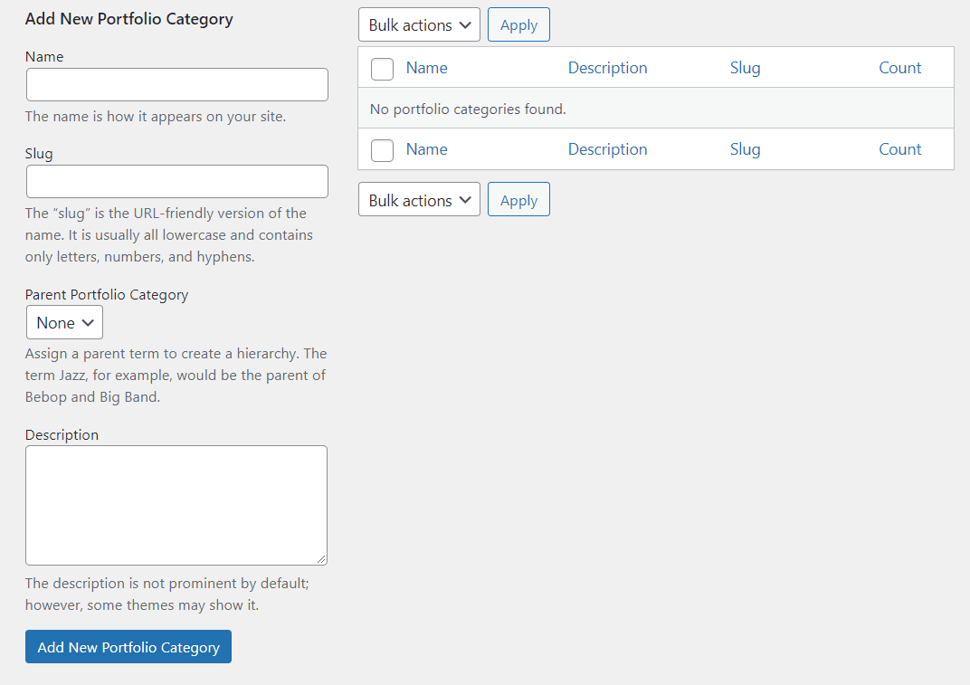 Adding new portfolio categories
