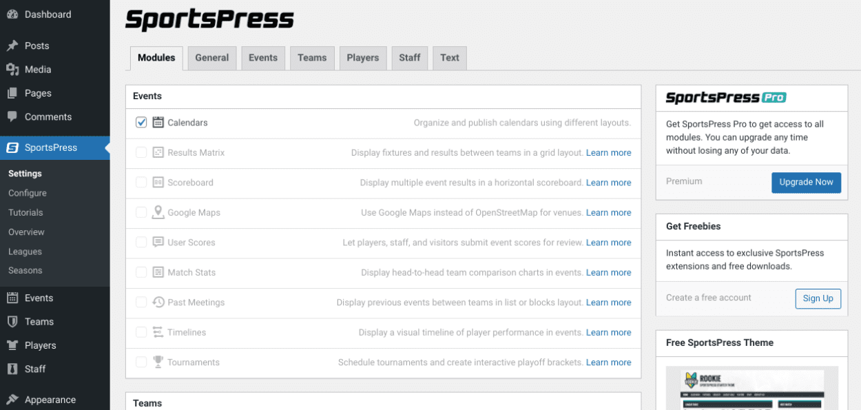 The SportsPress plugin settings.
