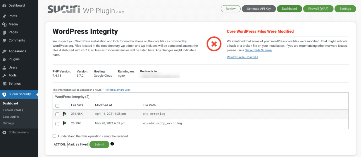 The Sucuri WordPress plugin dashboard.