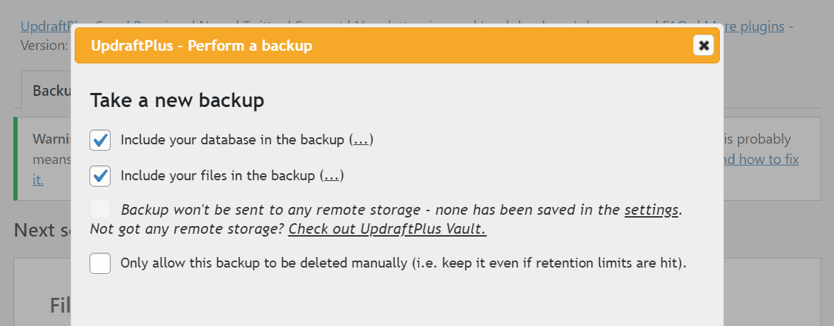 Creating a backup using UpdraftPlus