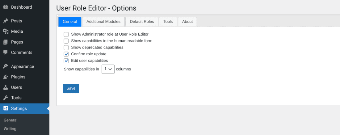 The options for the User Role Editor multi-author blog WordPress plugin.