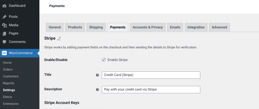 The WooCommerce Stripe payments screen.