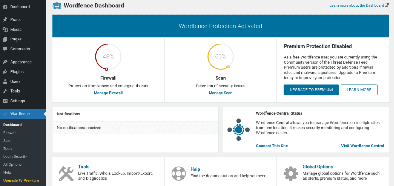 The Wordfence plugin dashboard.