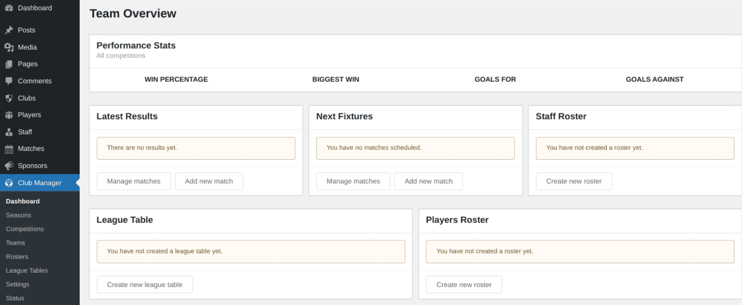 The WP Club Manager plugin settings.