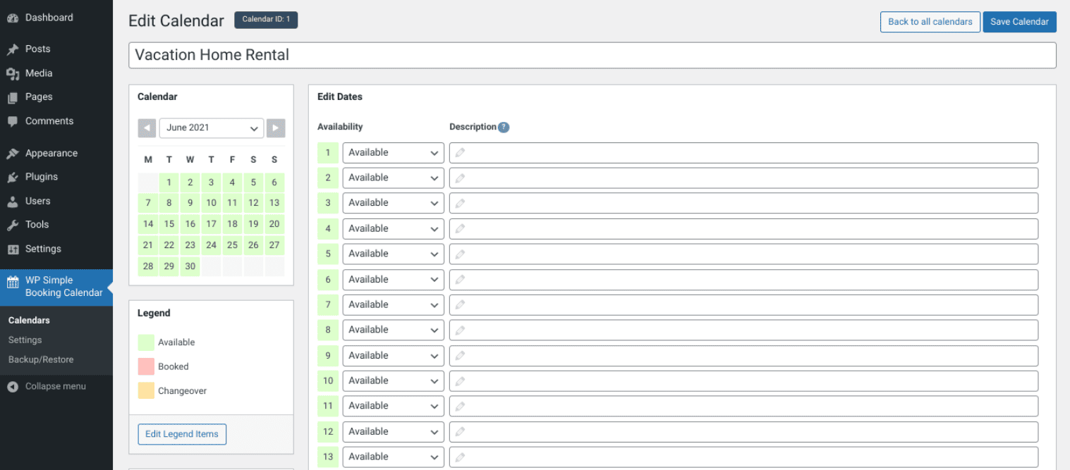 The WP Simple Booking Calendar plugin settings.