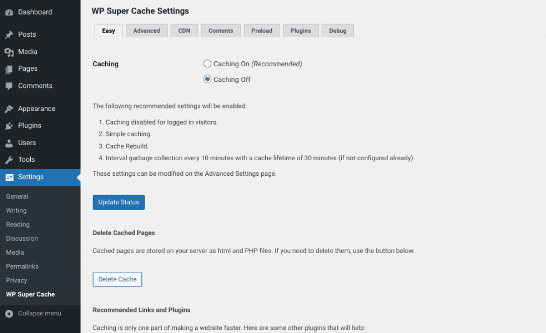 WP Super Cache plugin settings.