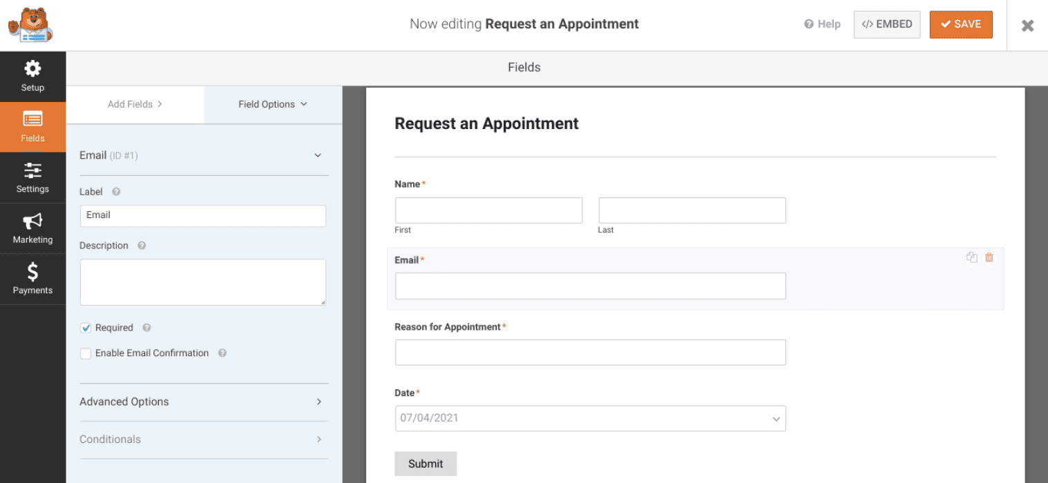 The WPForms form builder interface.