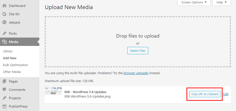 wordpress 5.8 image copy link