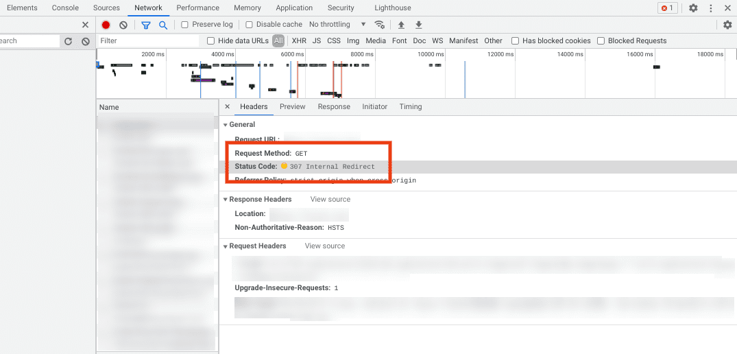 An example of a 307 Internal Redirect header response.