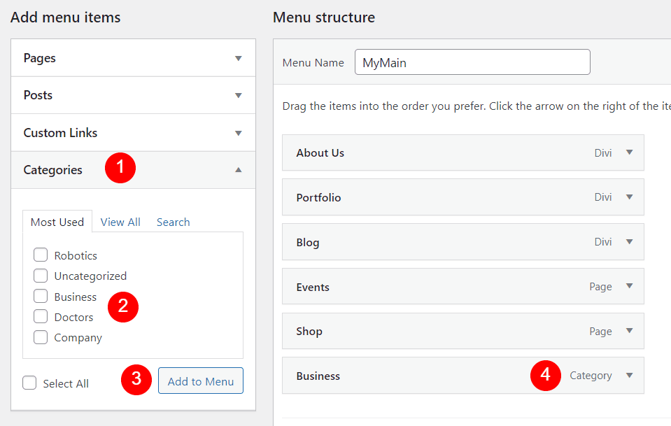 Adding Categories to Menus