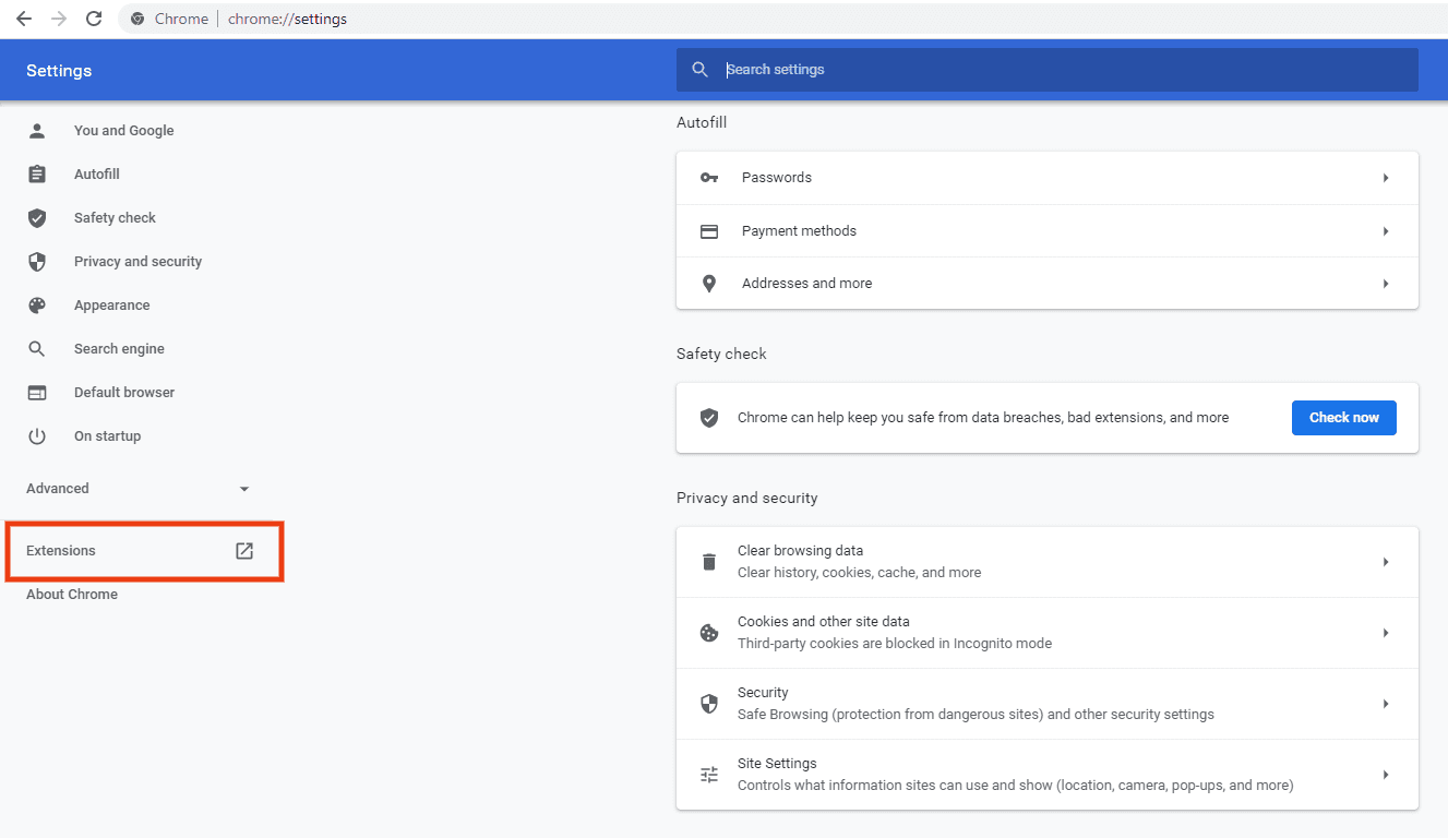 The Chrome settings screen with Extensions highlighted.