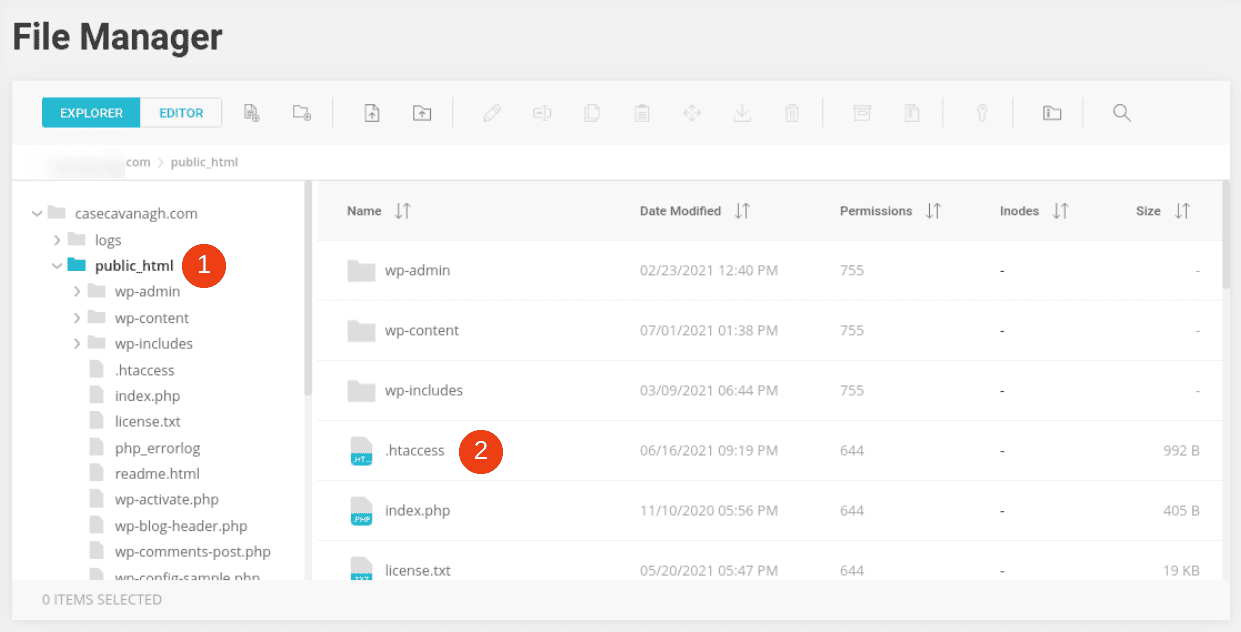 Accessing the .htaccess file via File Manager.