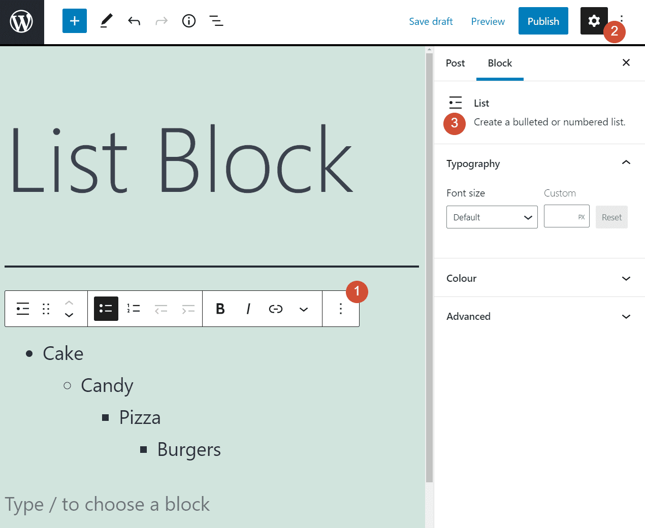 Accessing the List block settings and options