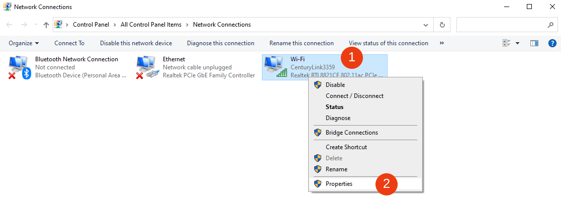 The Network Connections window in Windows.