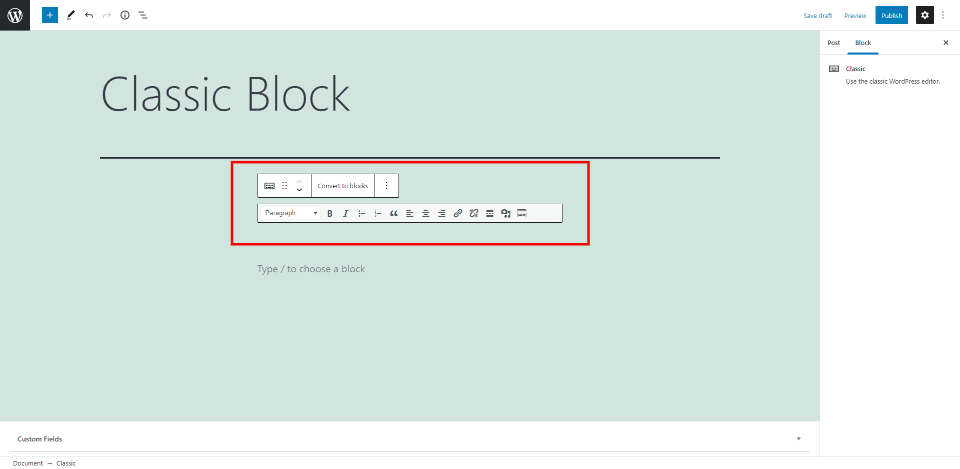 Classic Block Settings and Options