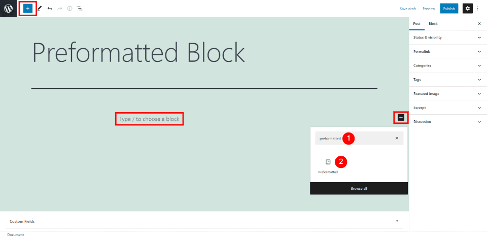 How to Add the Preformatted Block to your Post or Page