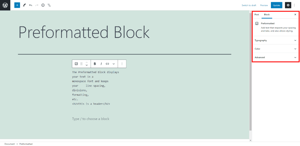 Preformatted Block Settings