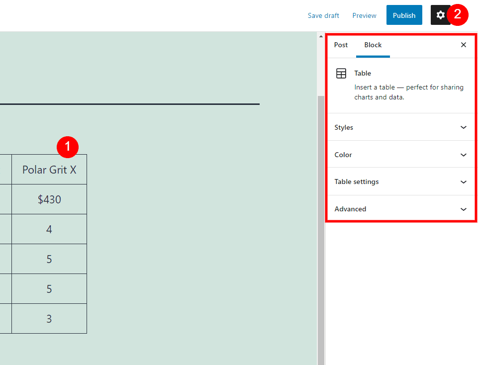 Table Block Settings