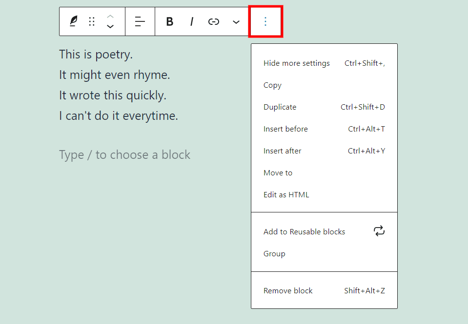 Verse Block Options