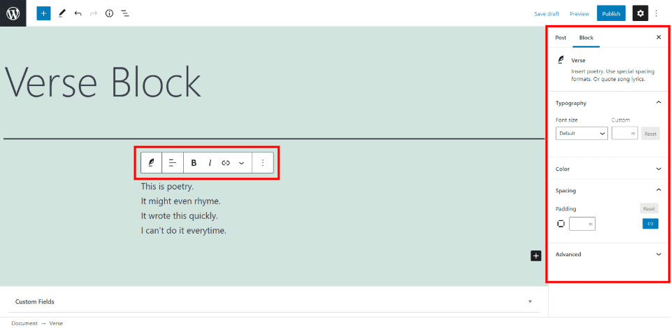 Verse Block Settings and Options