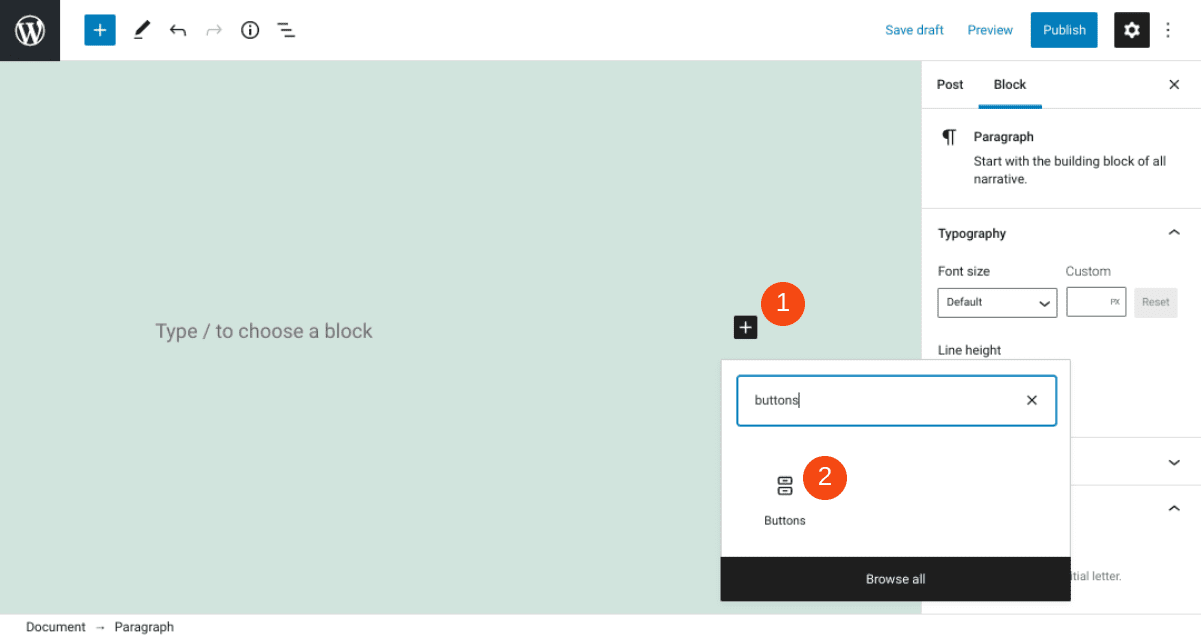 Adding a Buttons block in WordPress.