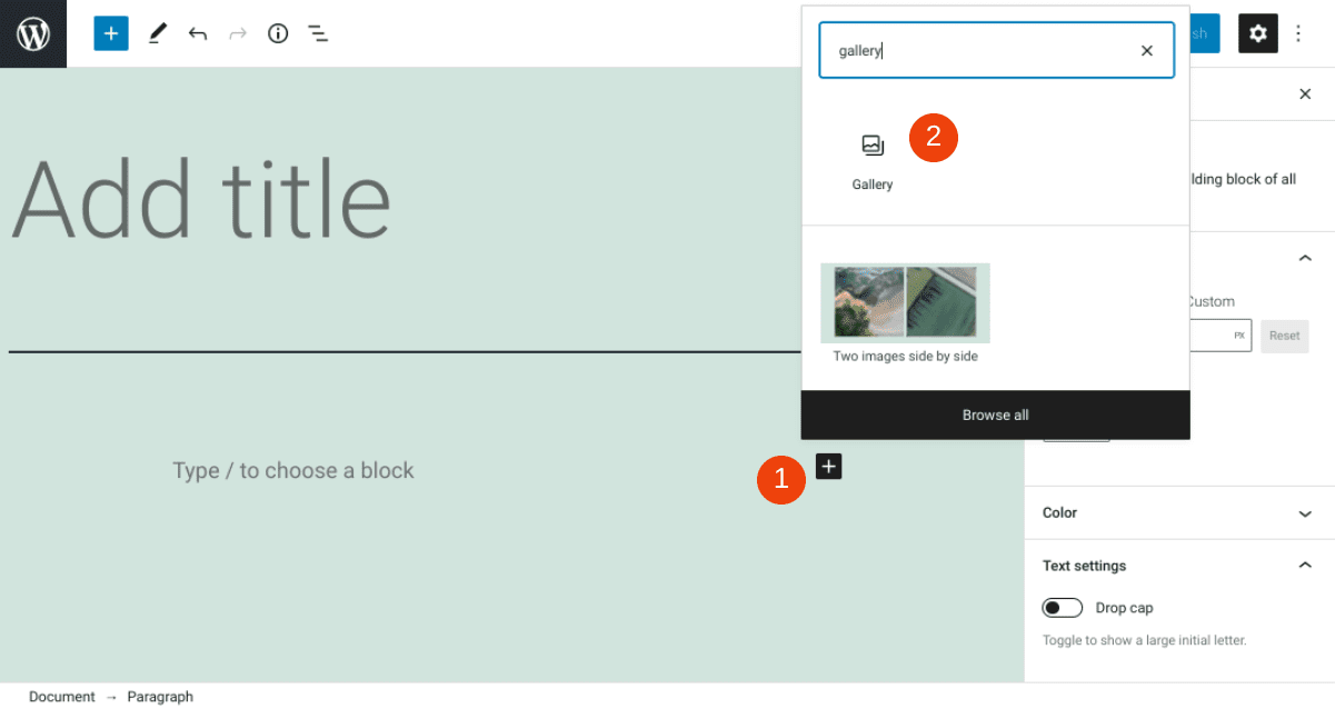 Adding a Gallery block in WordPress.