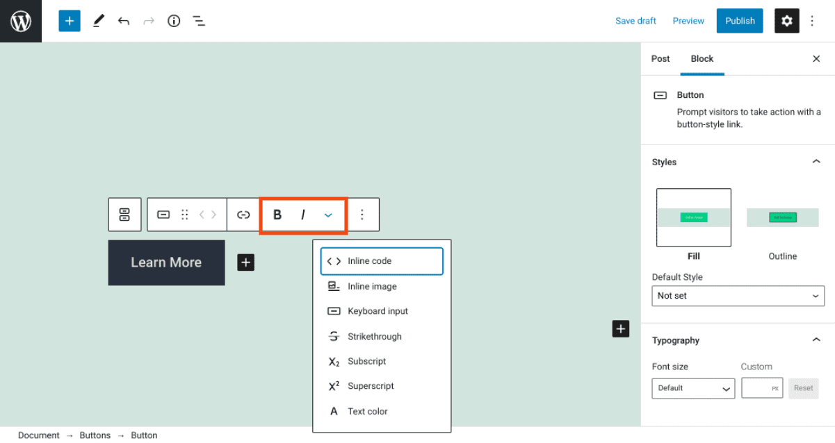 The Button block formatting options.