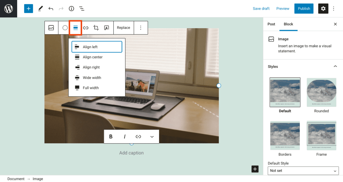 The option to change image alignment in WordPress editor.