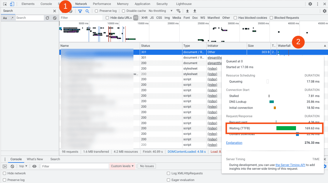 The TTFB listed in Chrome DevTools.