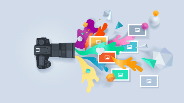 An illustration of a camera with colorful images spilling out of the lens.