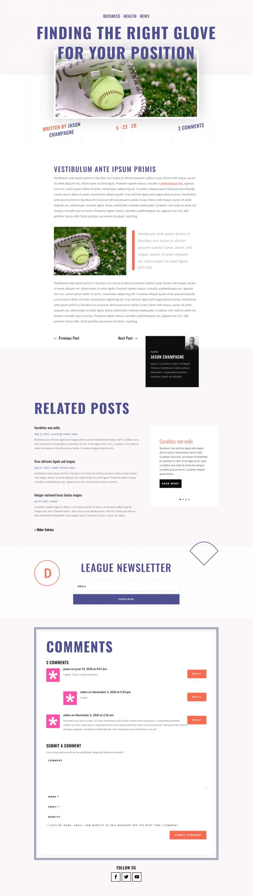 divi softball league blog post template