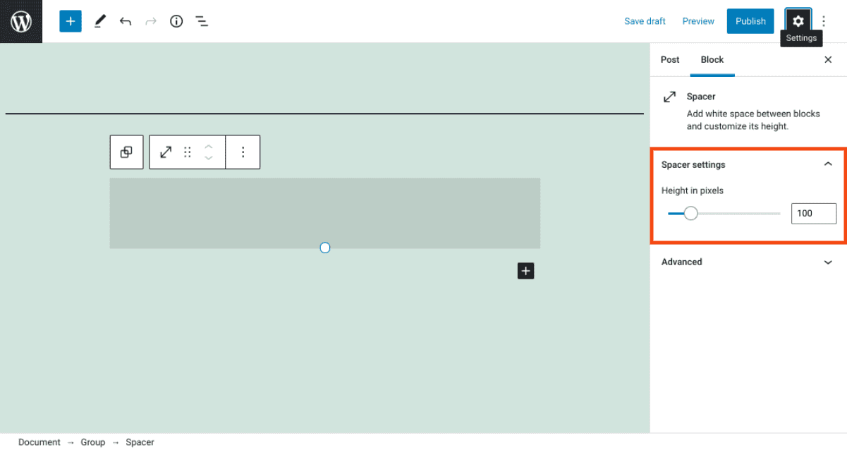 The Spacer settings section in WordPress.