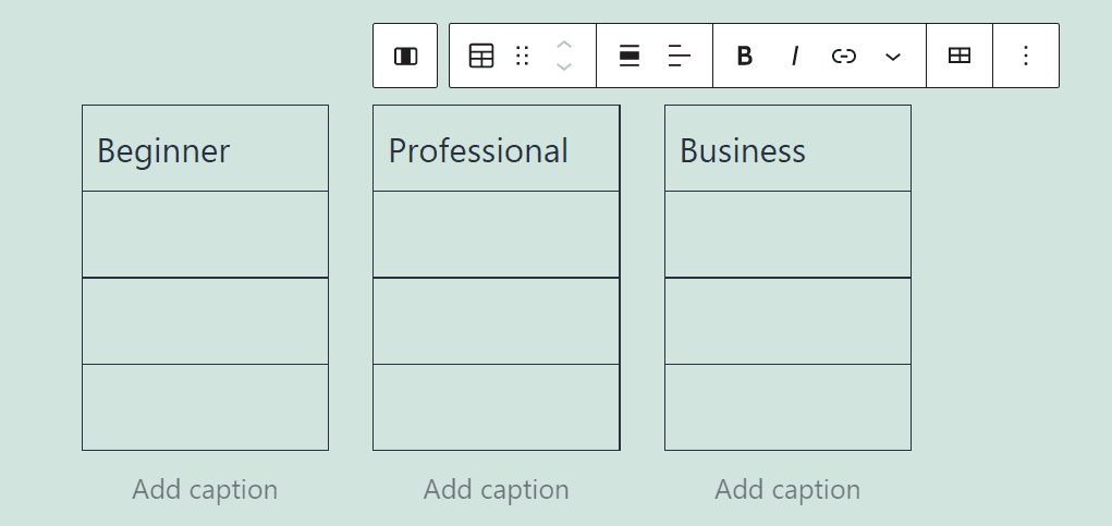 A formatting menu for tables