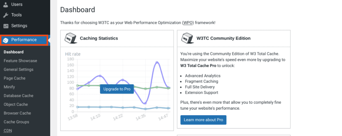 The W3 Total Cache plugin dashboard.