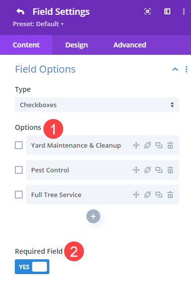 contact form field options