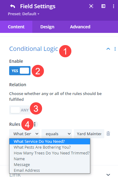 conditional logic for the contact form