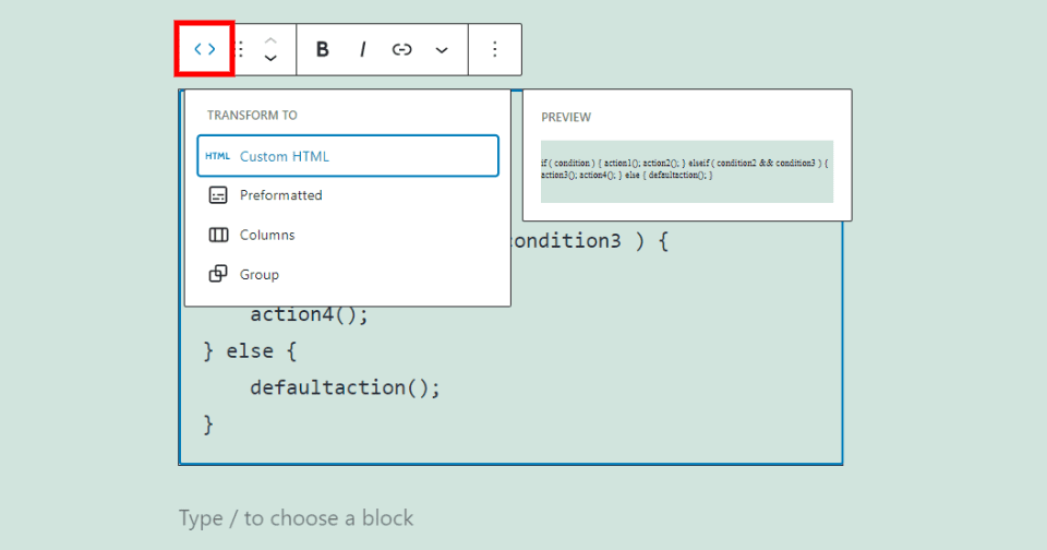 Change Code Block Type or Style