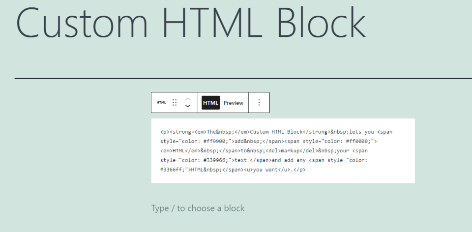 Custom HTML Block HTML and Preview