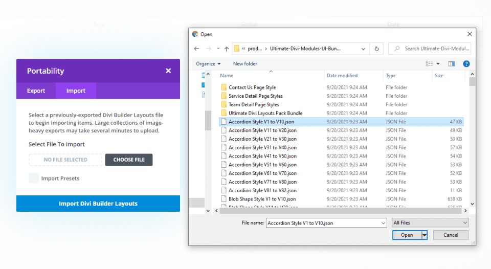 Uploading Ultimate Divi Modules UI Bundle Layouts