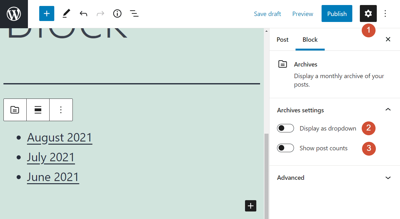 Configuring the Archives block's settings