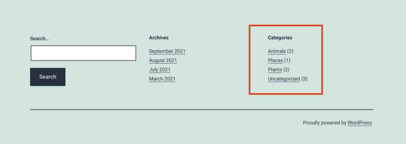 The WordPress Categories block inserted into the footer.