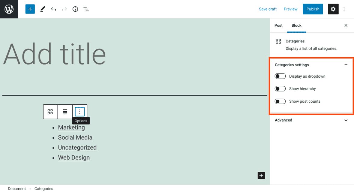 The Categories settings section of the block.