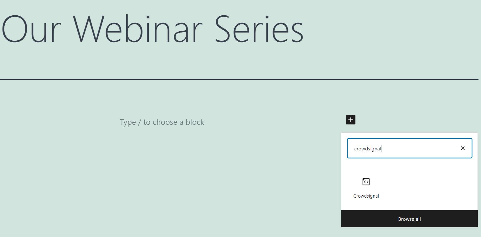 Searching for the Crowdsignal embed block in the Block Editor