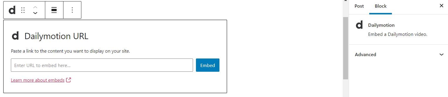 The Dailymotion Embed block.