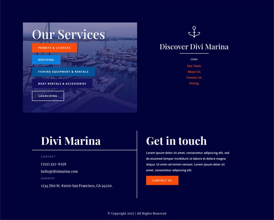 divi marina header footer template