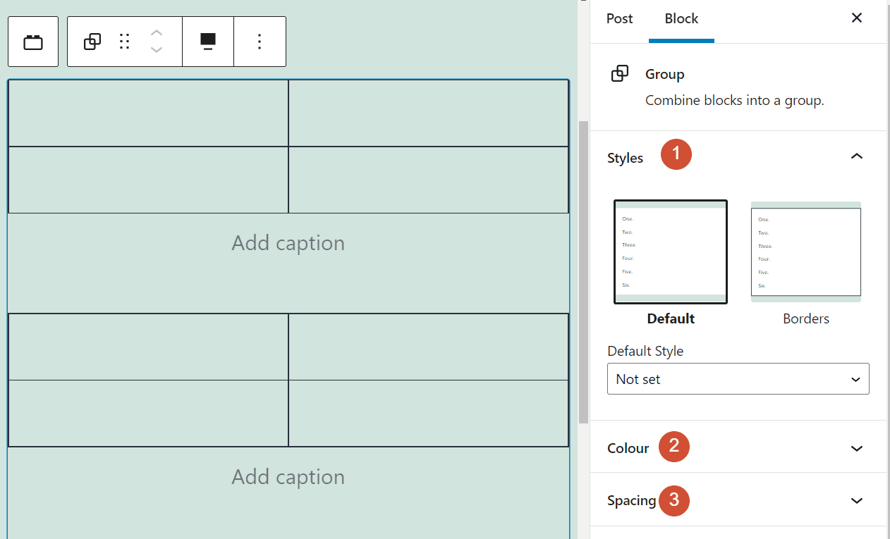 The Group block's settings