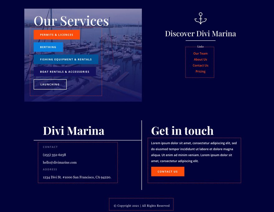 divi marina header footer template