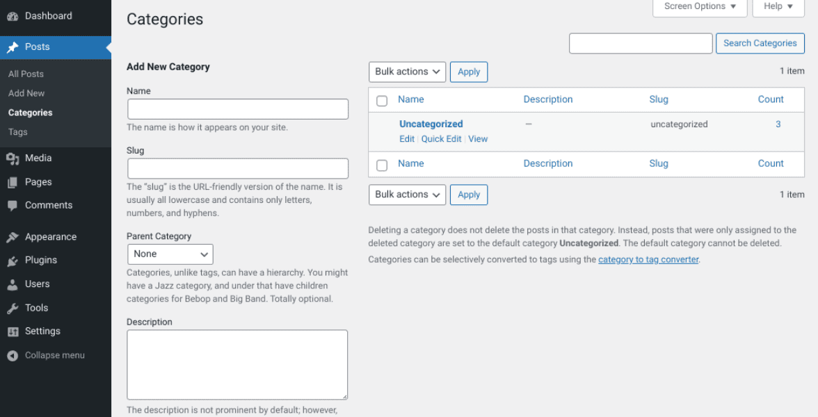 The WordPress Categories screen.